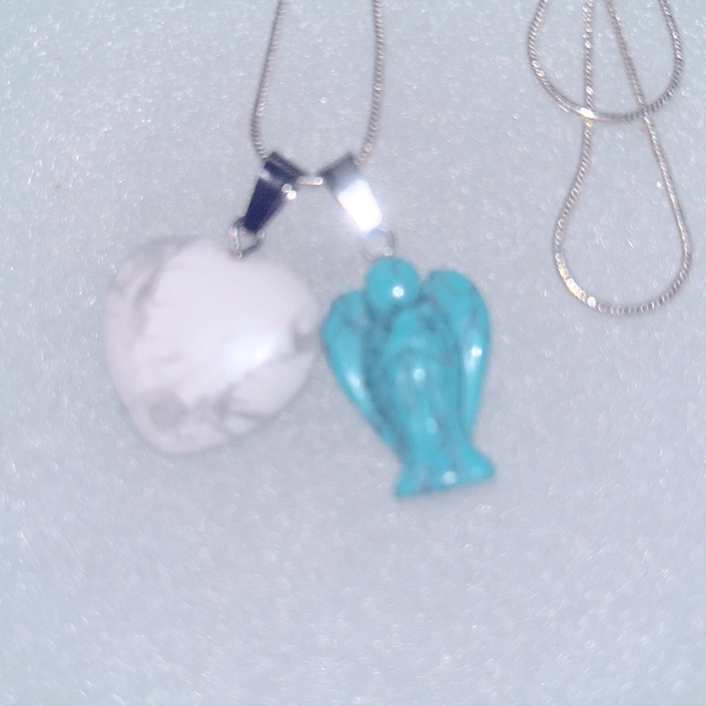 Boho hippie Turquoise and Howlite heart Crystal Angel Sterling Silver Neckl…